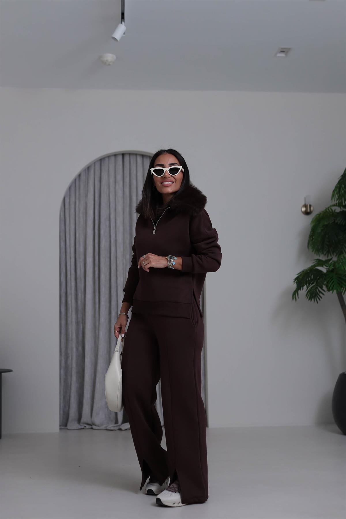 4066 Kürk Yakalı Şardonlu Takım KAHVE