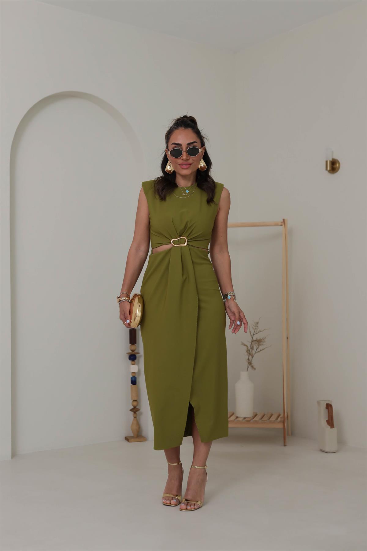 3755 Sıfır Kol  Bel Dekolteli Gold Tokalı Midi Elbise YAĞ YEŞİLİ