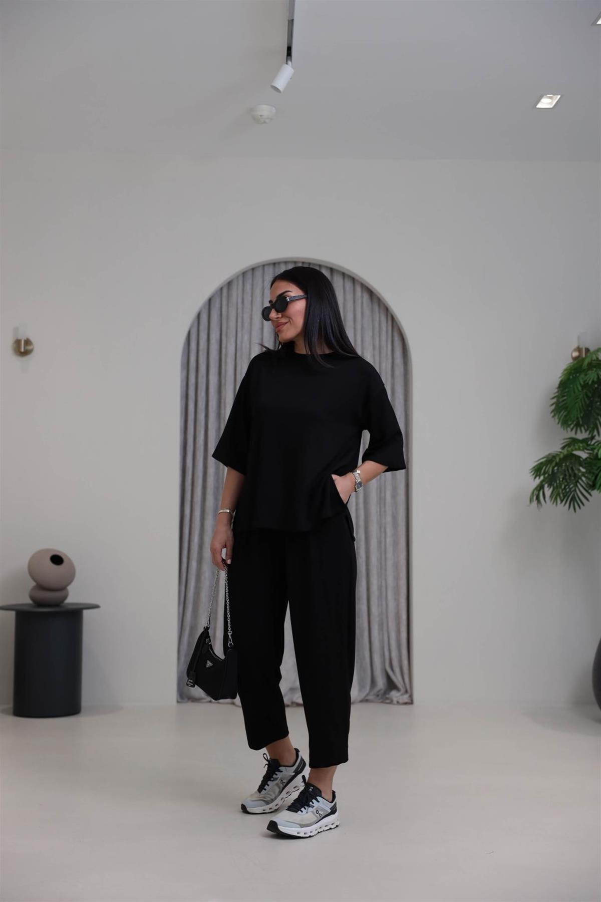 2485 Yanları Yırtmaçlı Kısa Kol Modal Takım SİYAH