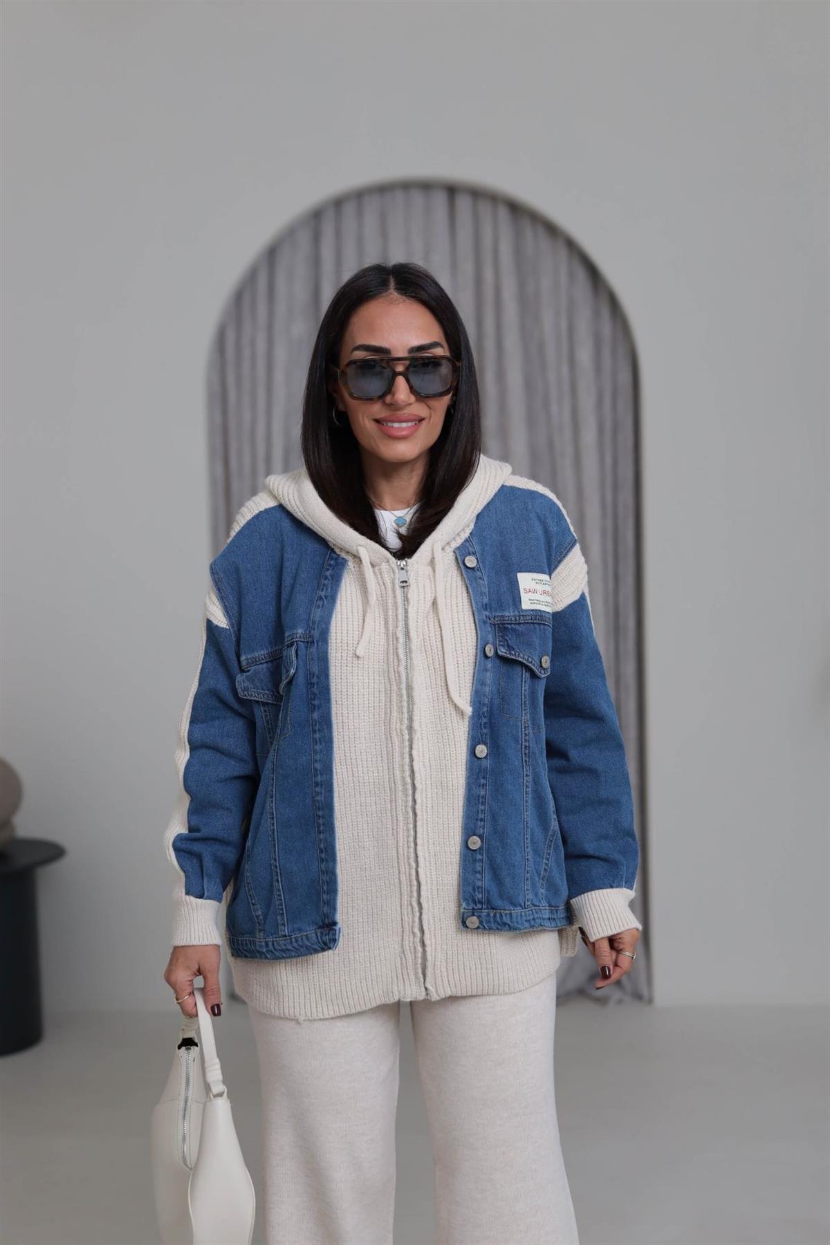 4676 Kot Garnili Kapşonlu Fermuarlı Triko Hırka TAŞ MAVİ