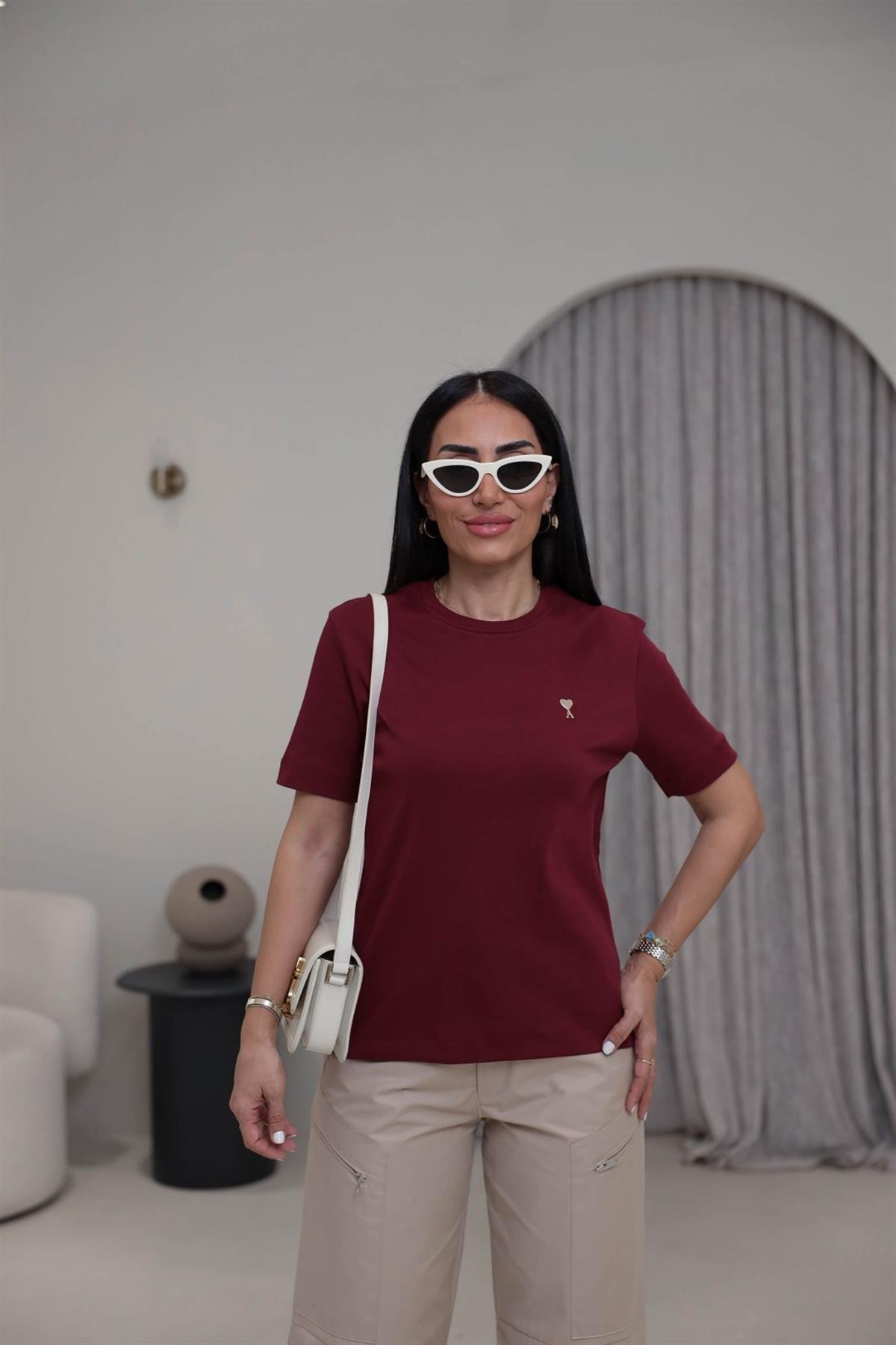 Gold Metal Kalpli Bisiklet Yaka Pamuklu Tshirt BORDO