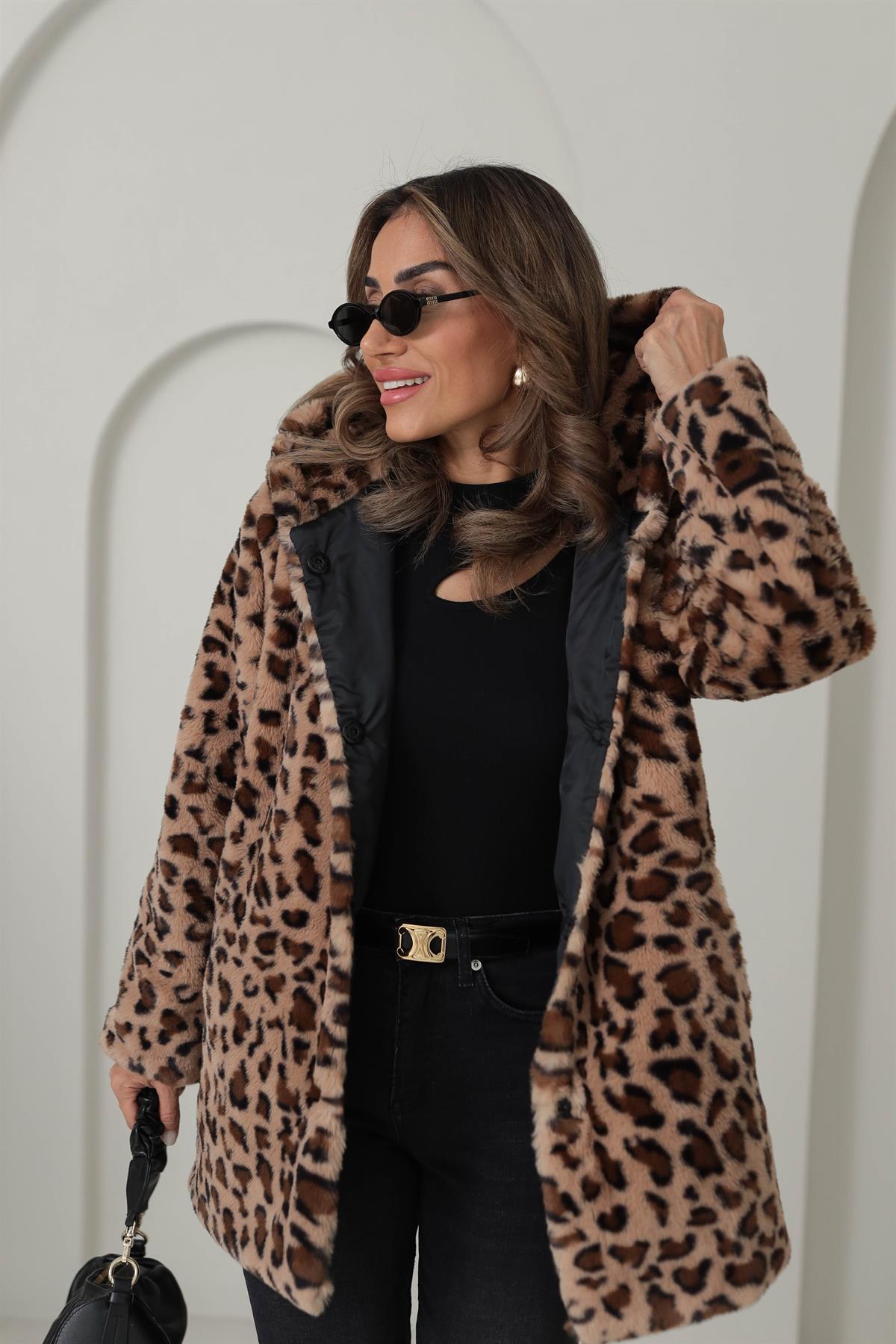 1139 Kapşonlu Kalın Kürk LEOPAR KAHVE