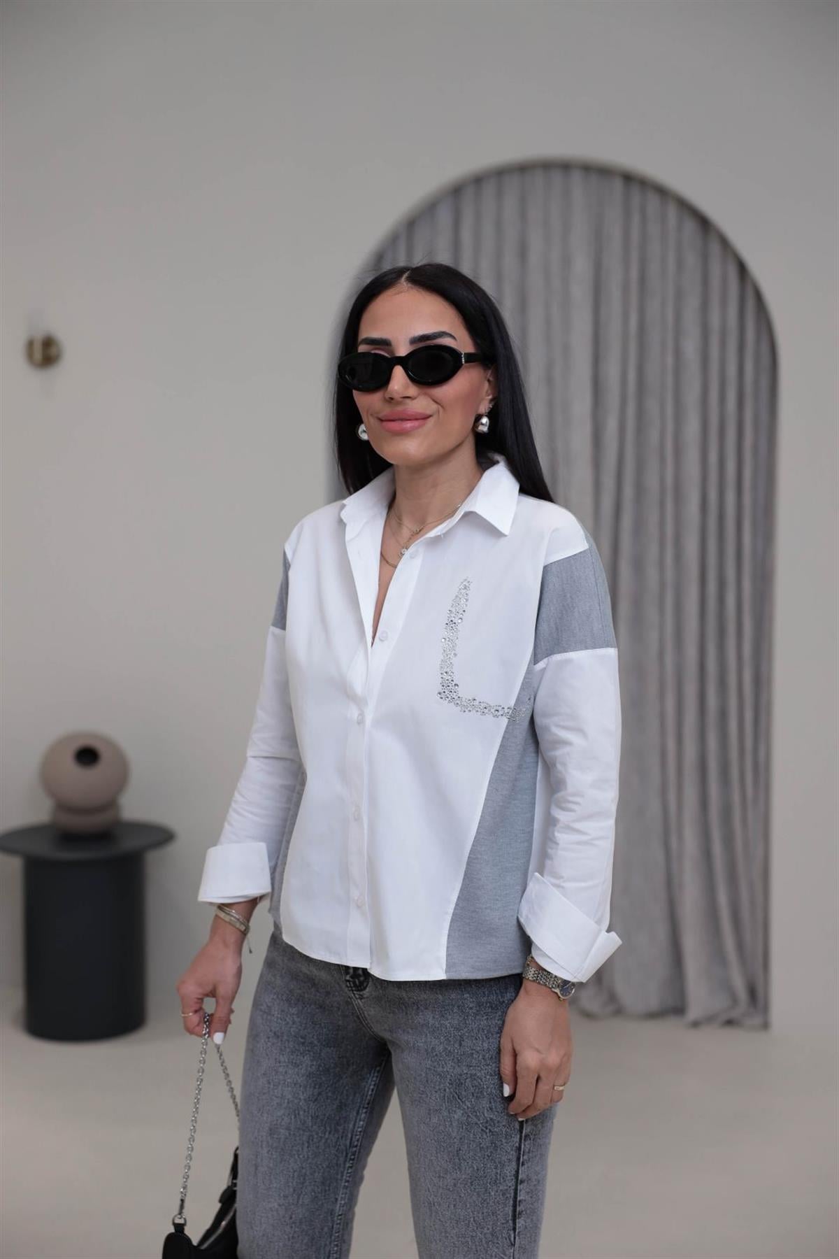 Triko Garnili Taş Detaylı Poplin Gömlek BEYAZ