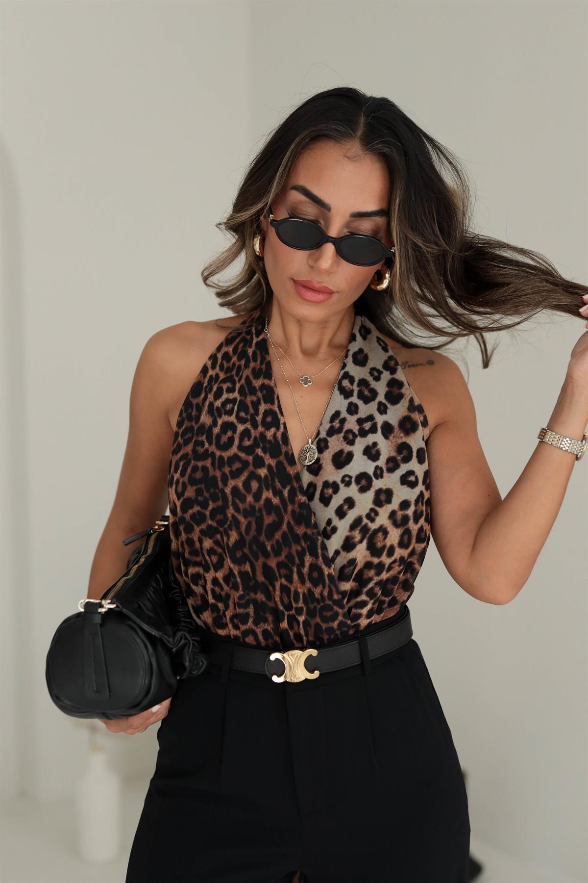 Leopar Desen Sırt Dekolteli Bodysuit LEOPAR