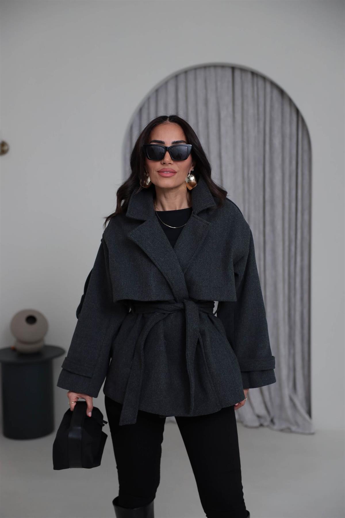 9669 Kuşaklı Oversize Premium Kaşe Ceket FÜME