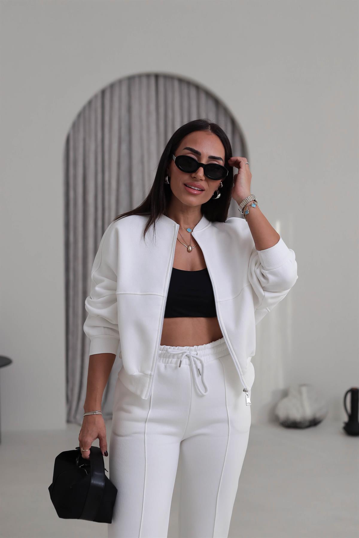 7085 Viral Bomber Ceketli 3 İplik Şardonlu Takım EKRU