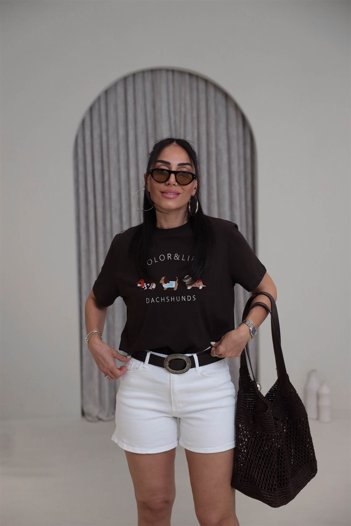 Tasarım Köpek Nakışlı Pamuklu Tshirt KAHVE