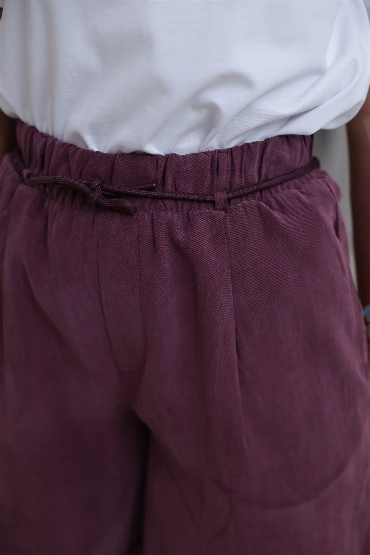 1104 Kordonlu Tencel Gabardin Şort BORDO