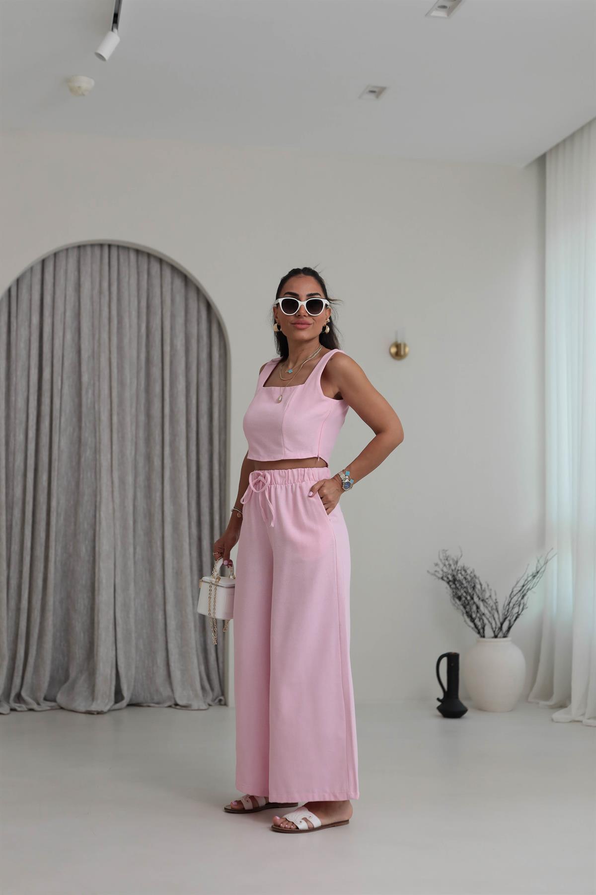 9381 Keten Kare Yaka Büstiyer Pantolon Takım PEMBE