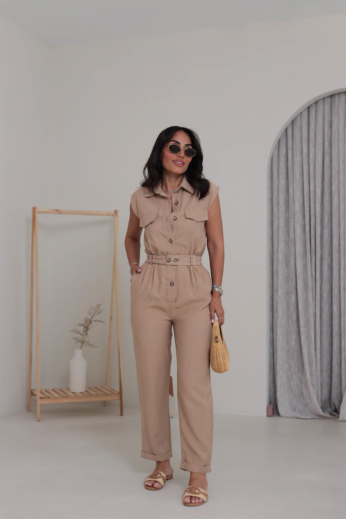 0107 Polo Yaka Kemerli Tencel Tulum CAMEL