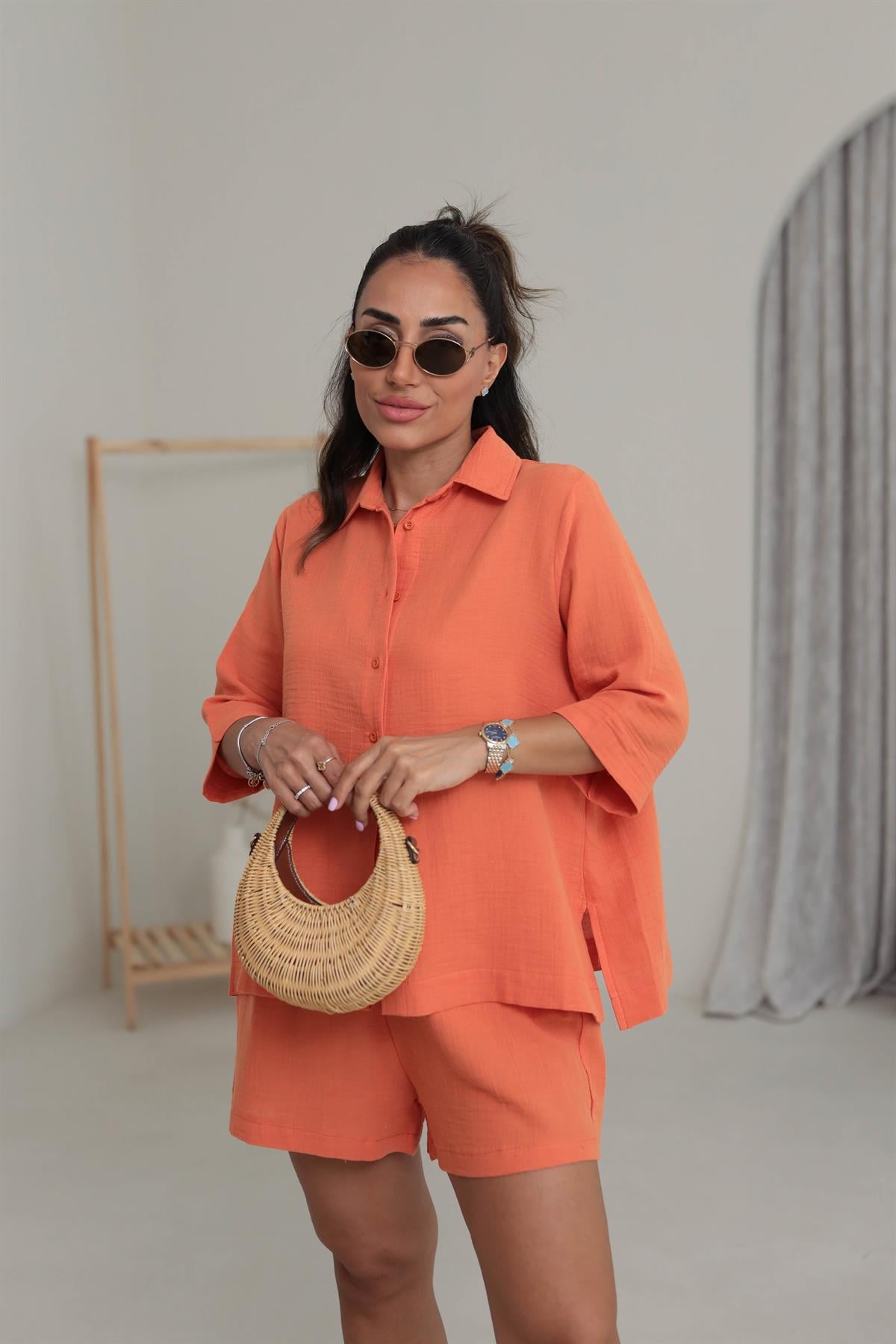 0427 Müslin Kumaş Gömlek Şort Takım TURUNCU