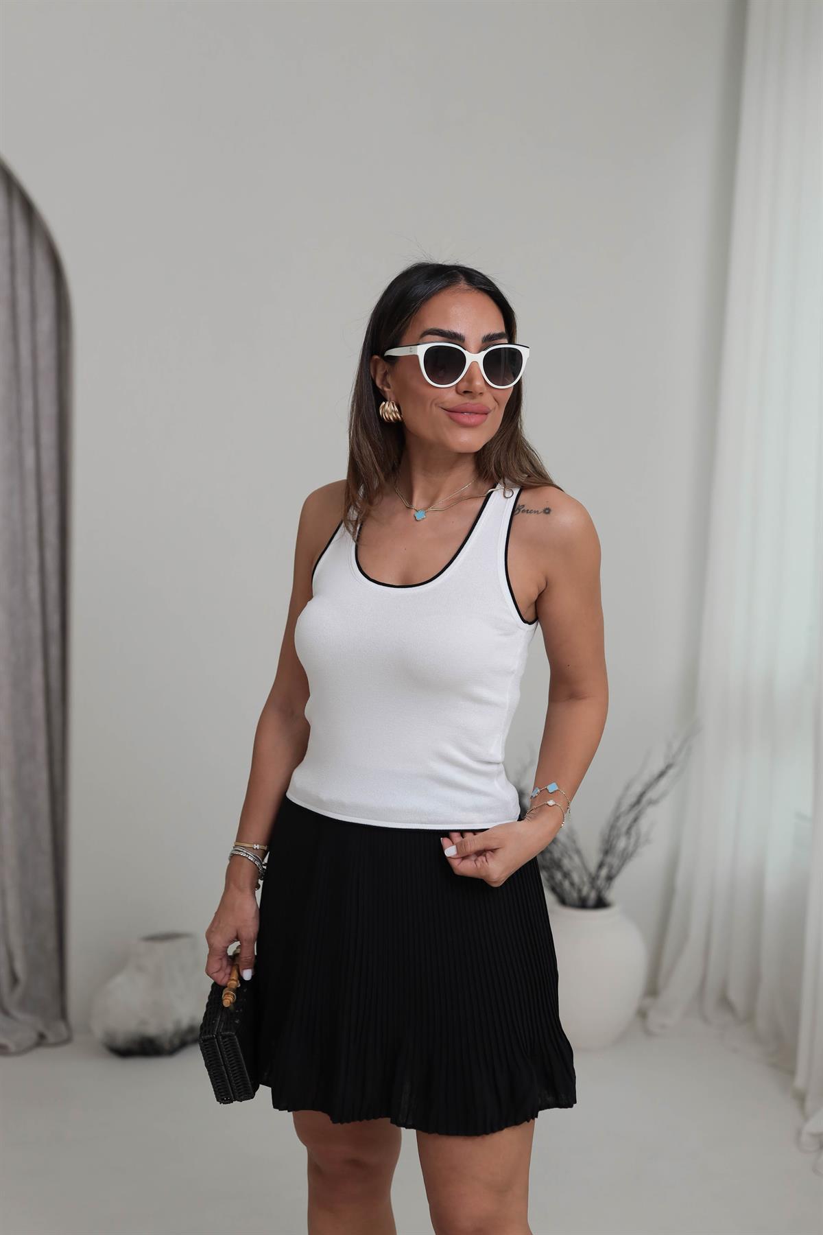 0769 Askılı Kontrast İnce Triko Bluz BEYAZ