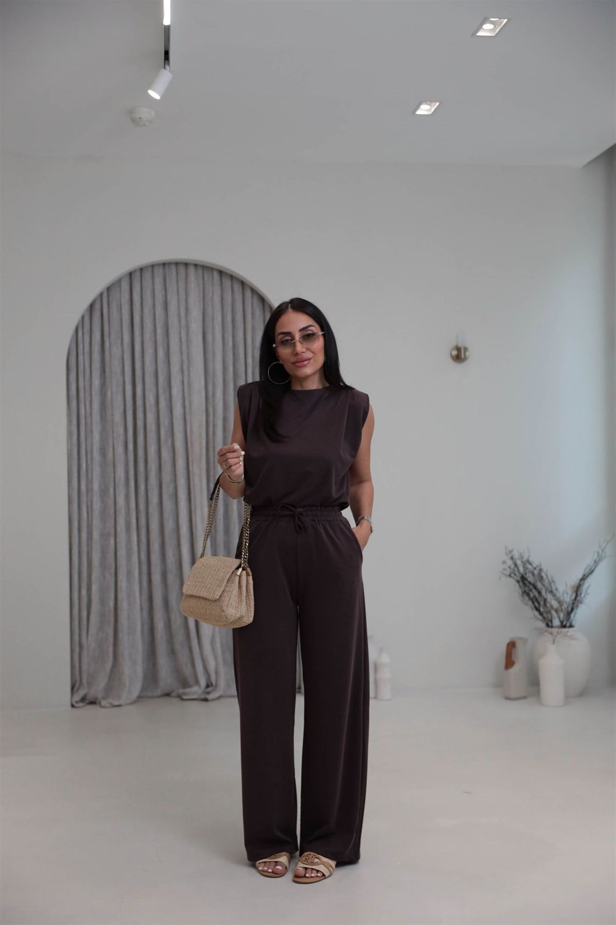 2505 Vatkalı Kol Pileli Pike Modal Takım KAHVE