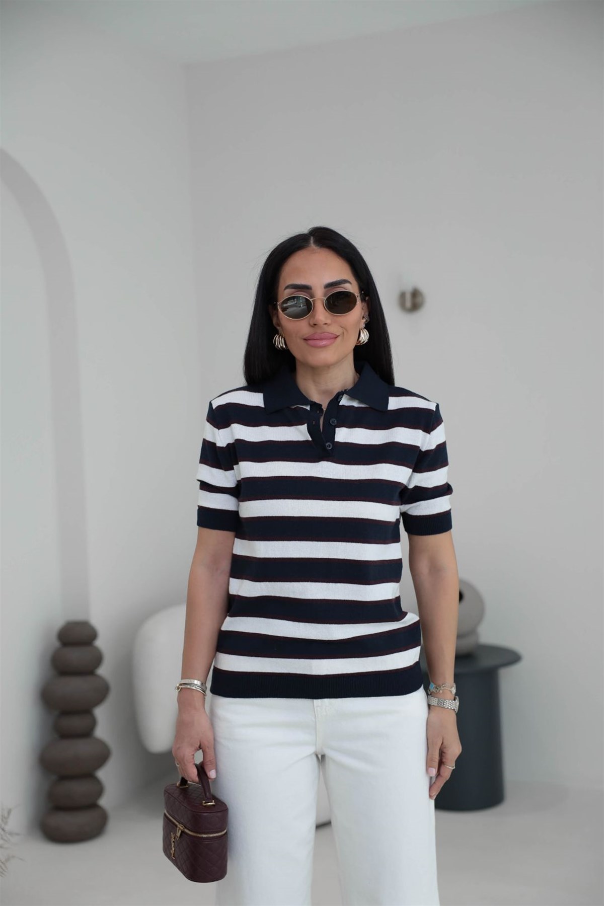 Polo Yaka Çizgili Massi Triko Bluz LACİVERT