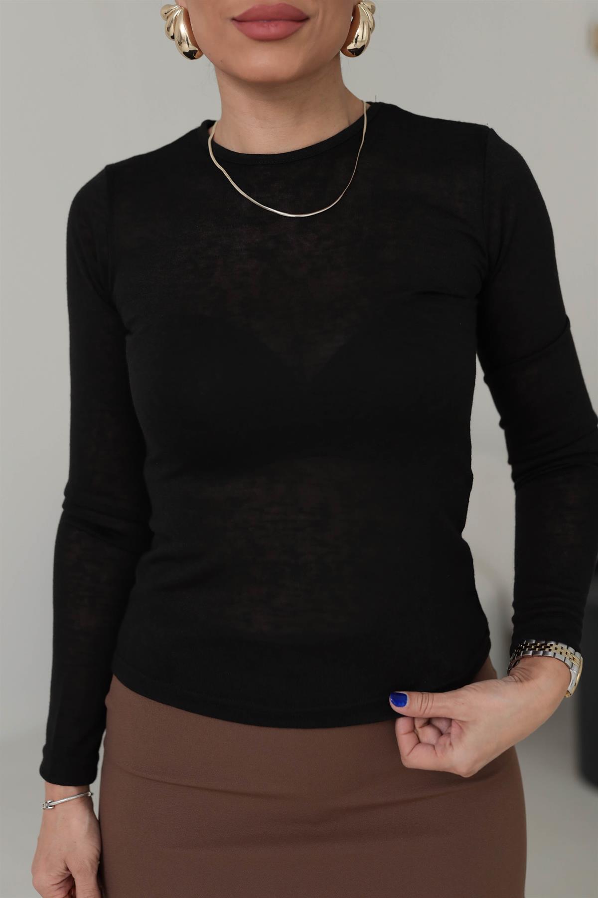 1091 Bisiklet Yaka Transparan Bluz SİYAH