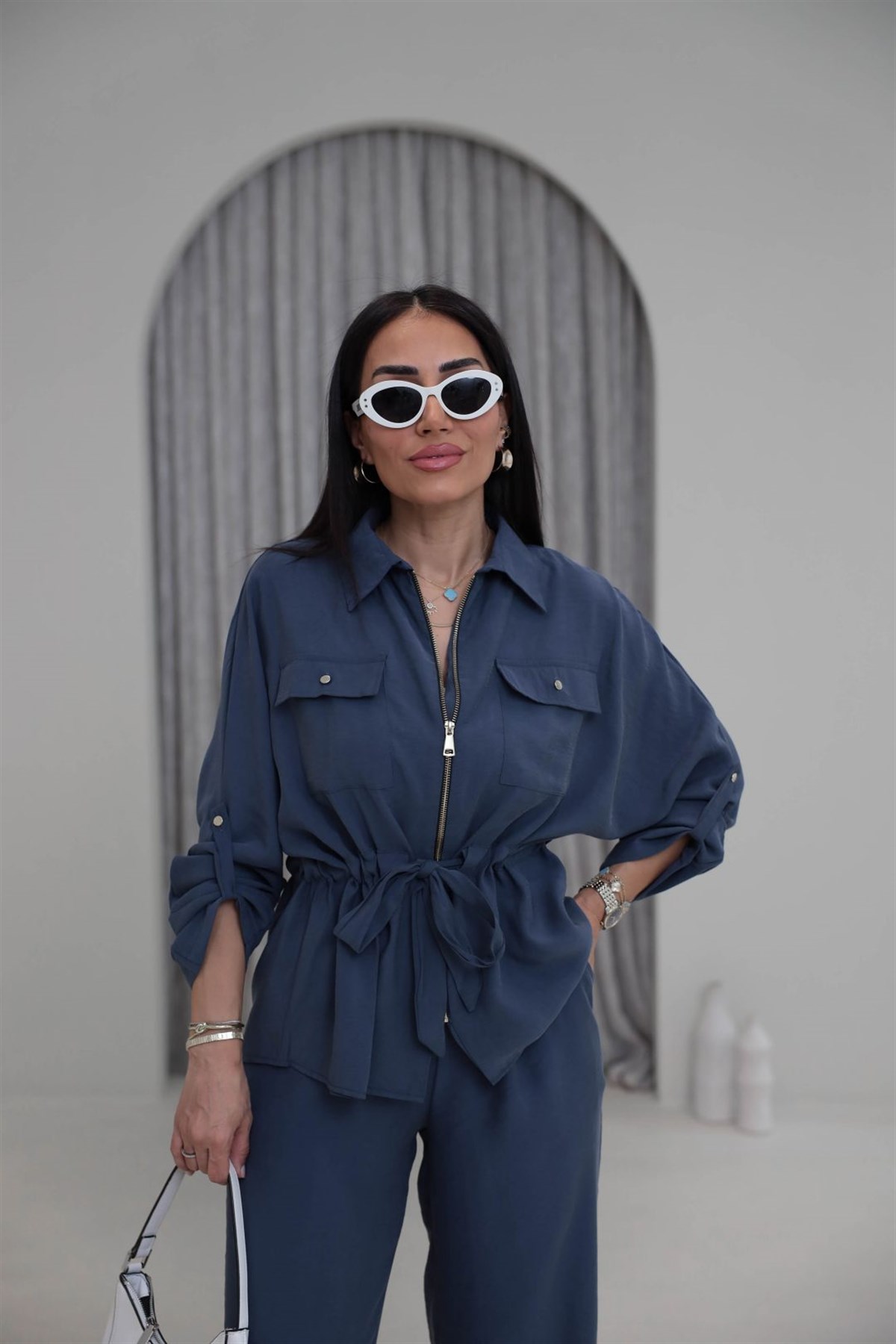 1003 Cep Kapaklı Fermuarlı Bel Büzgülü Modal Tencel Takım Indigo