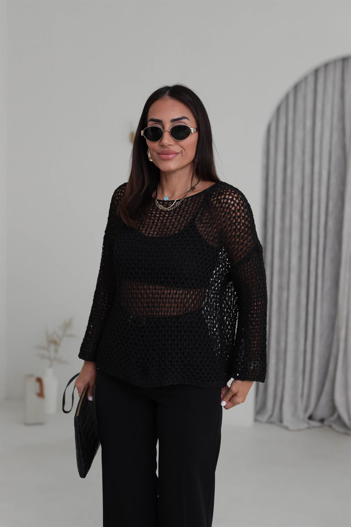 0807 Kayık Yaka Ajurlu Triko Kazak SİYAH