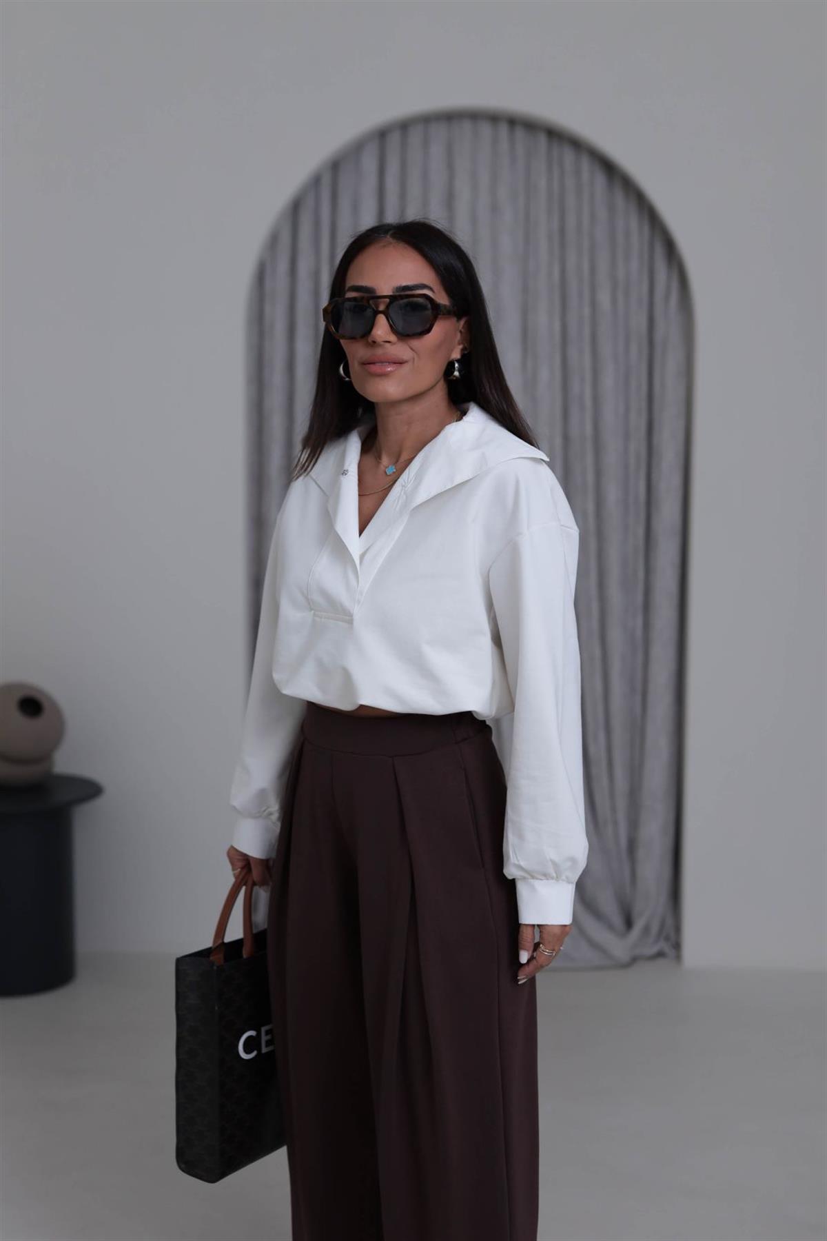 6720 Poplin Yaka Altı Lastikli Sweatshirt EKRU