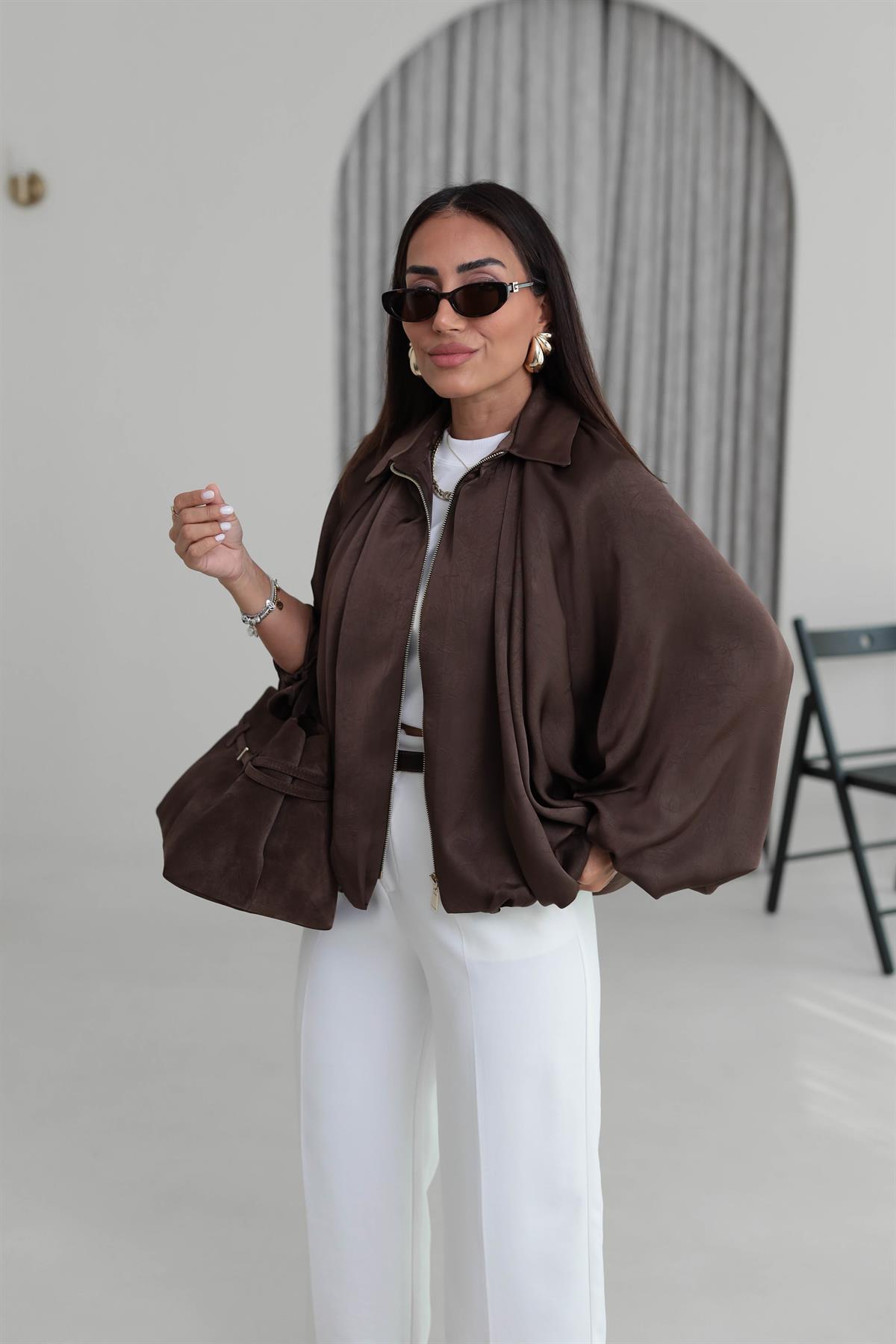 9584 Kendinden Desenli Saten Bomber Ceket KAHVE