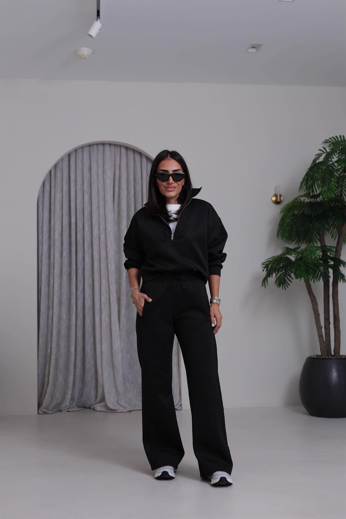 2624 Paraşüt Detaylı Yarım Fermuarlı Scuba Takım SİYAH