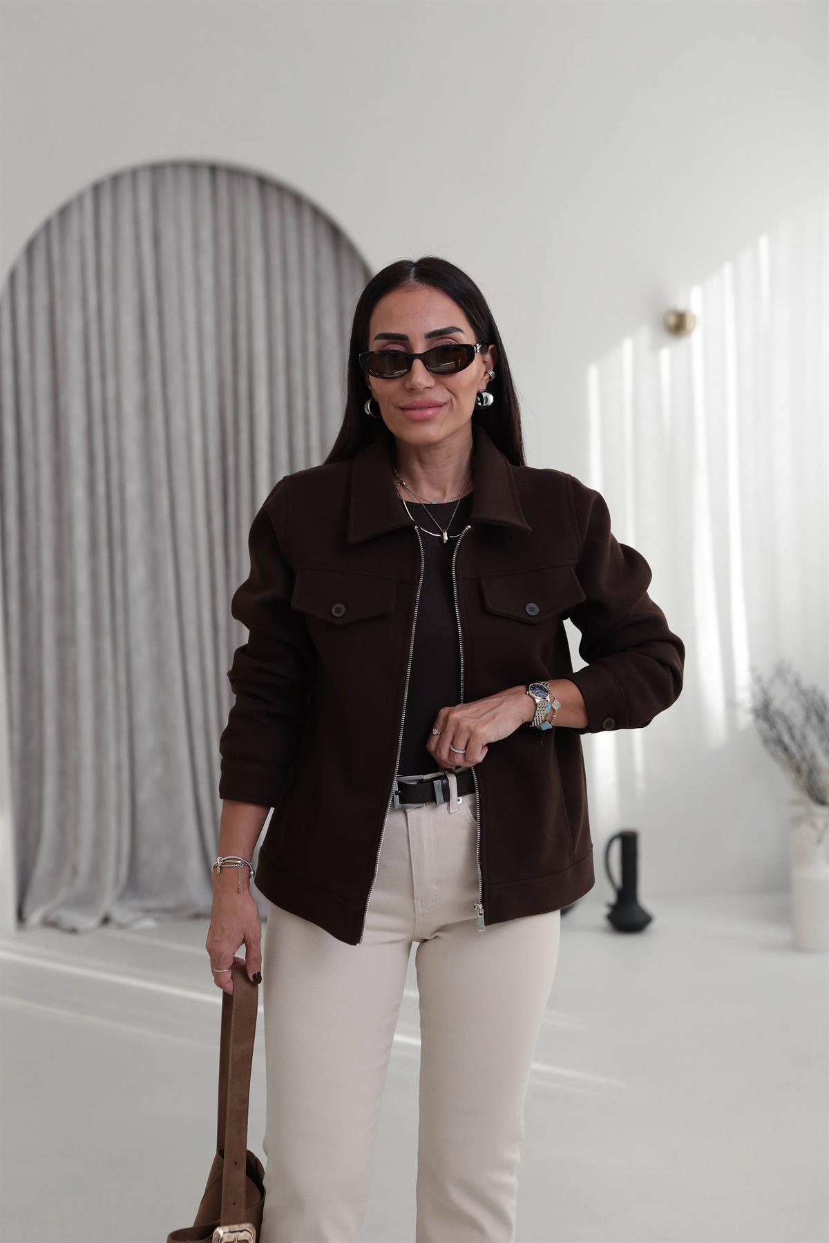 2806 Gömlek Yaka Detay Kaşe Ceket KAHVE