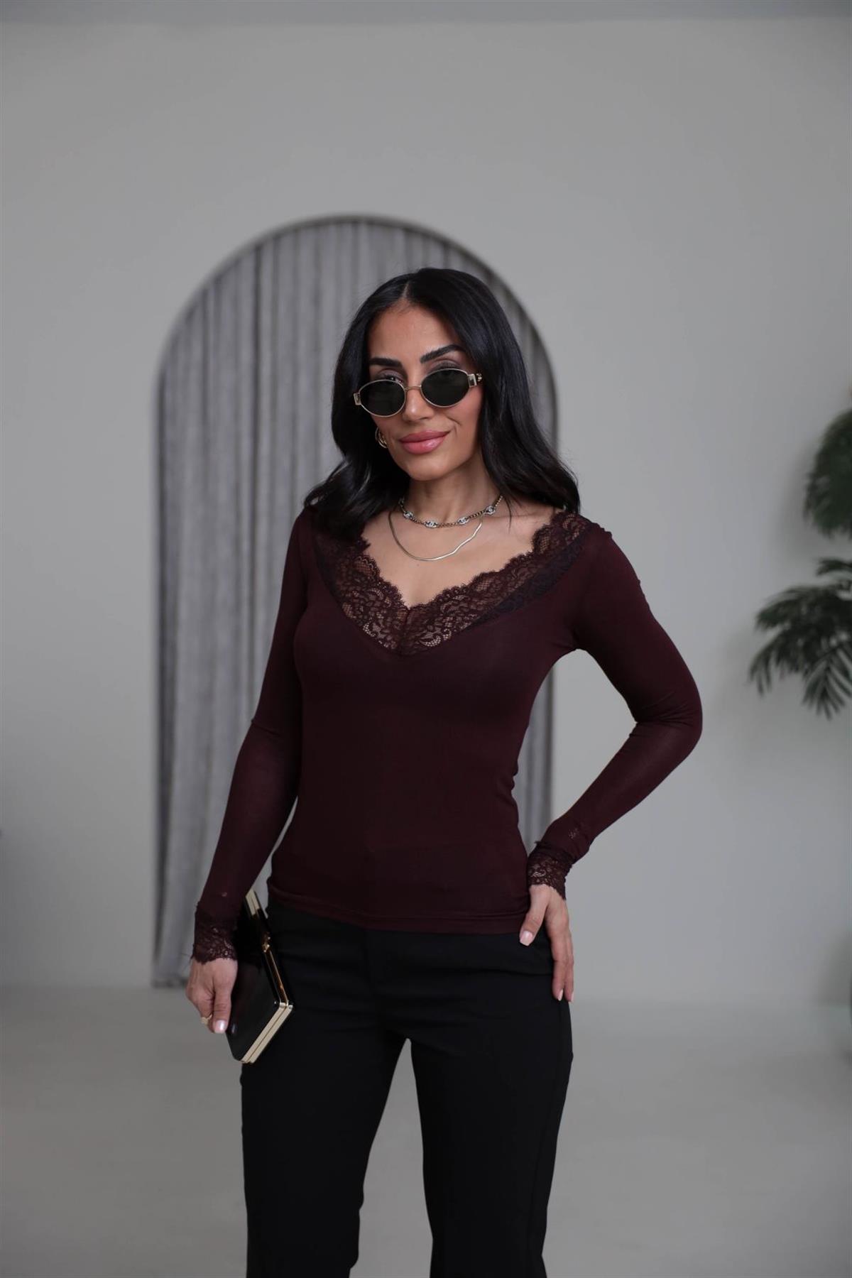 1041 V Yaka Dantel Detay İnti Body BORDO