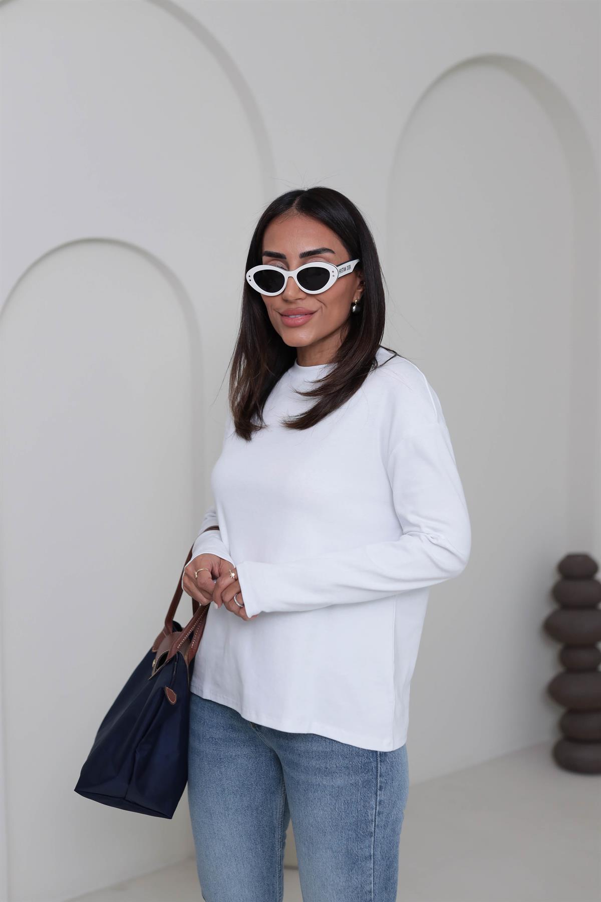 4141 Bisiklet Yaka Uzun Kol Penye Bluz BEYAZ
