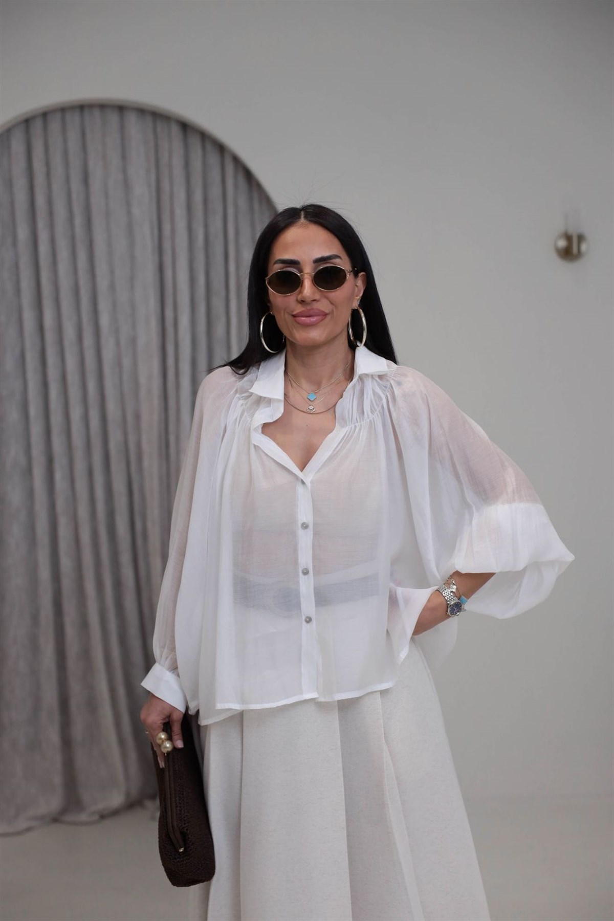 5018 Büzgü Detaylı Tencel Gömlek BEYAZ