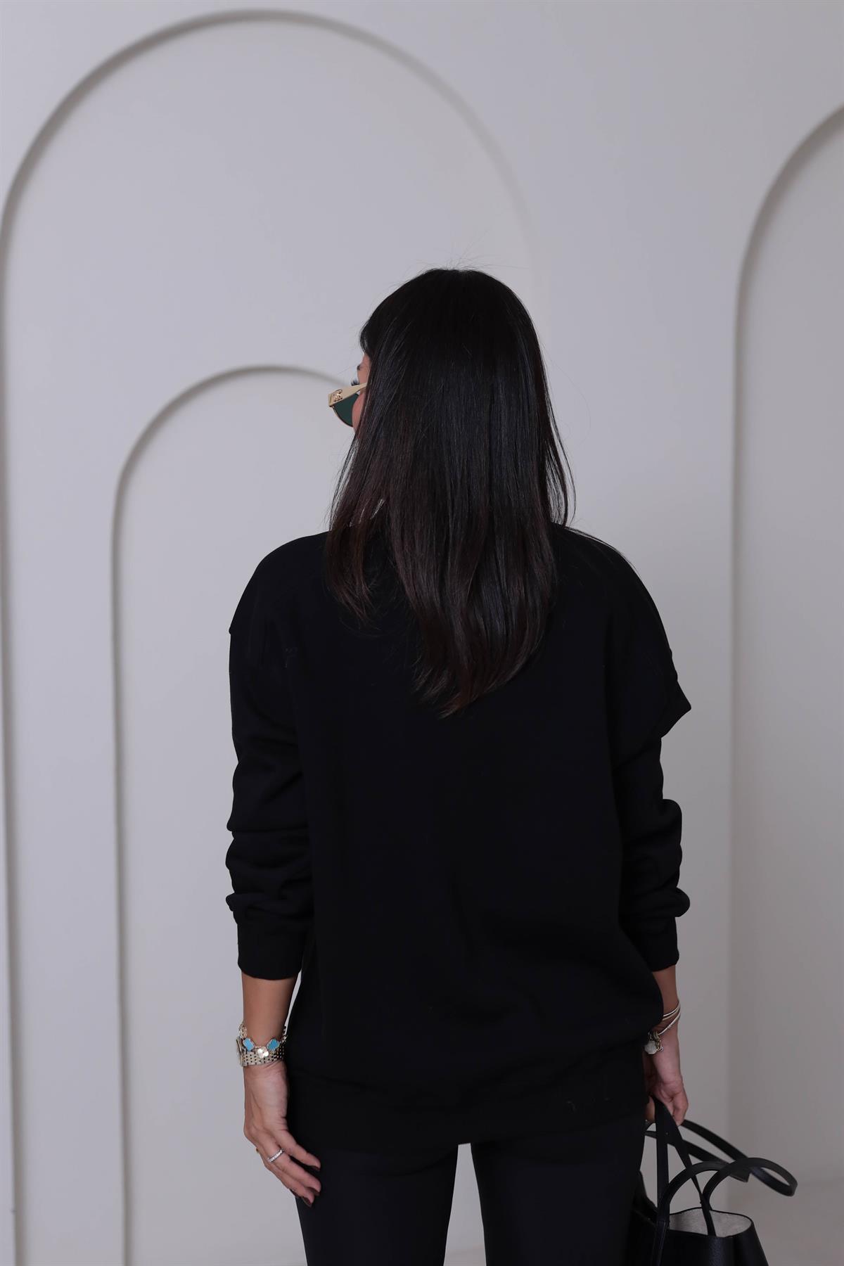 7912 Bisiklet Yaka Şardonlu Sweatshirt SİYAH