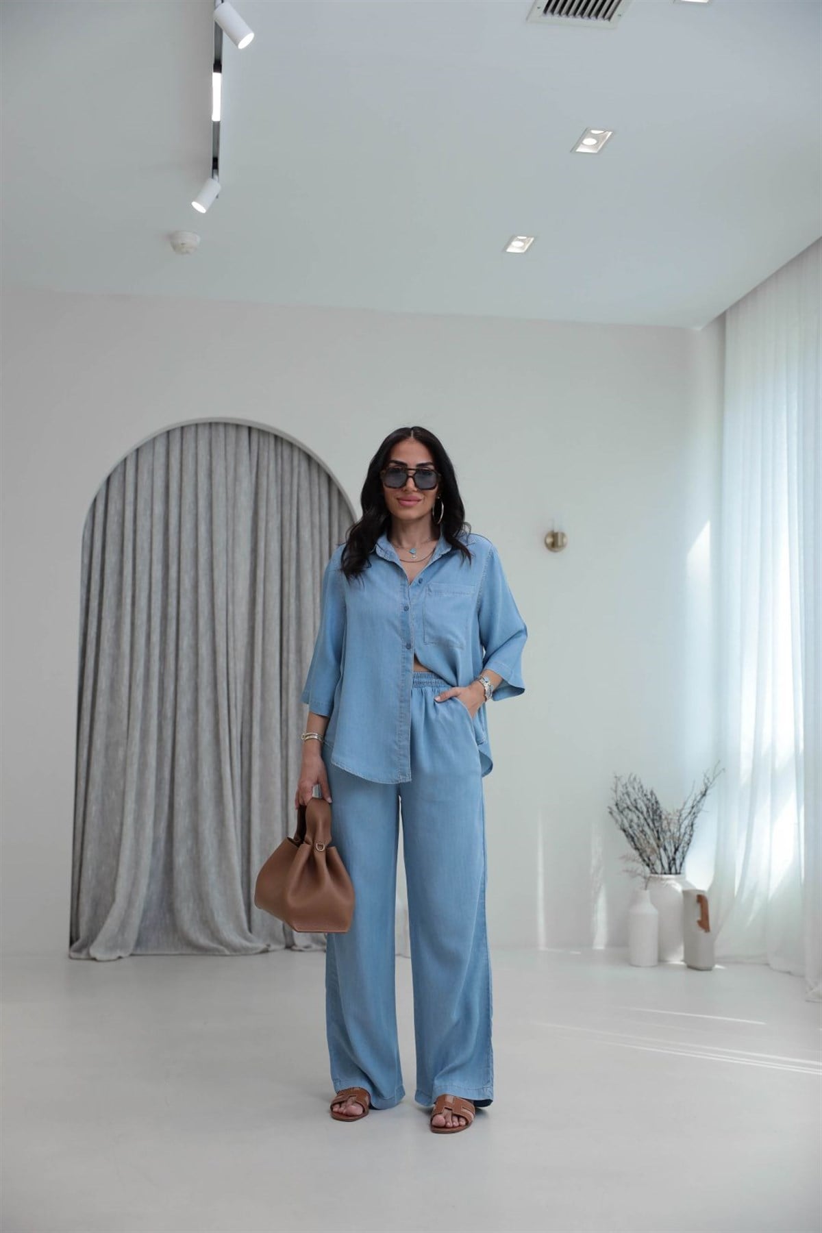 0926 Tencel Kumaş Gömlek ve Pantolon Takım AÇIK MAVİ