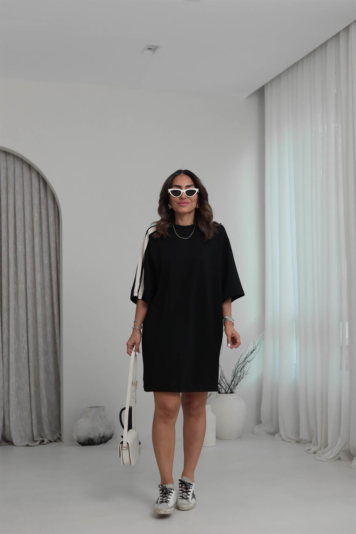 6354 Omuzları Garnili Modal Rahat Elbise SİYAH-BEJ