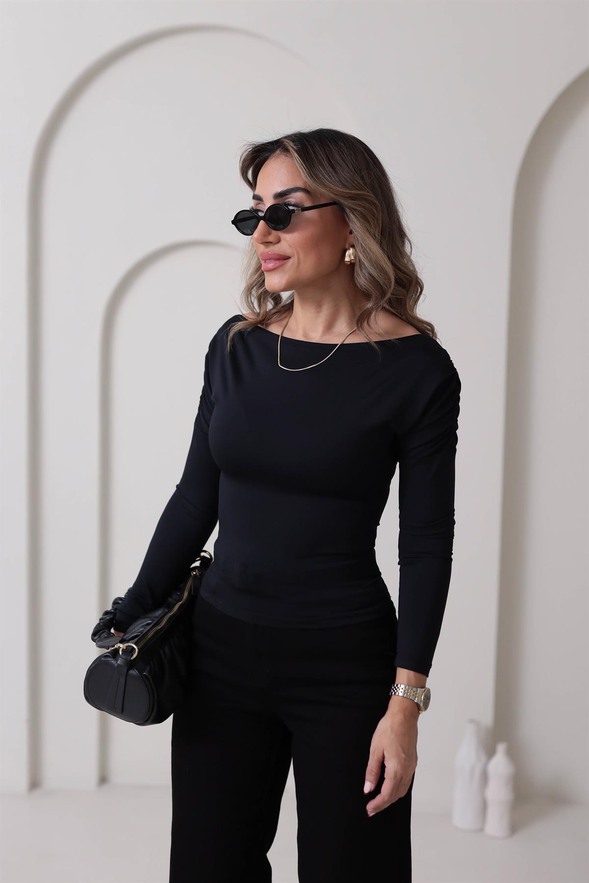 Kayık Yaka Kol Drapeli Sandy Bluz SİYAH