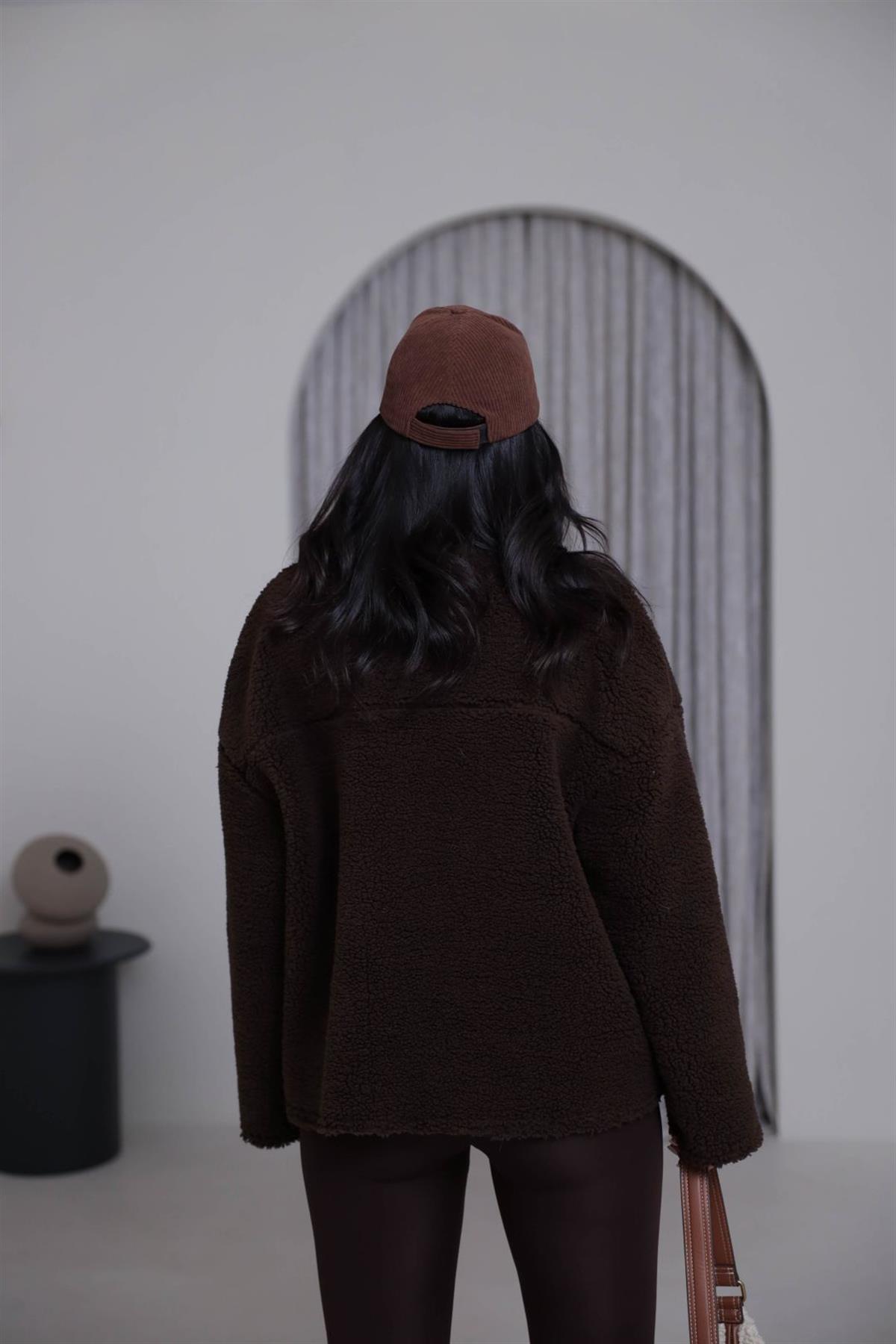 2895 Dik Yaka Fermuarlı Teddy Mont KAHVE