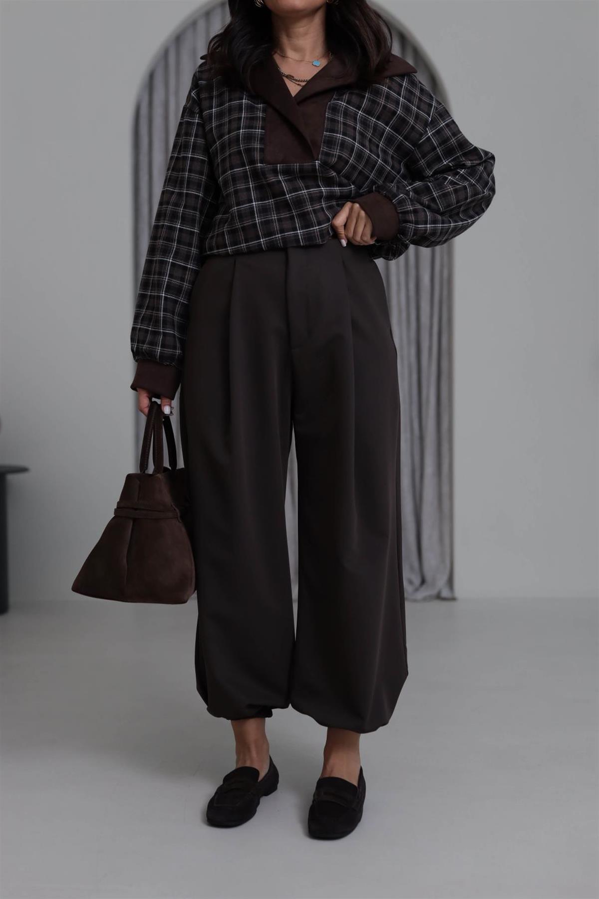 7708 Beli Pensli Paça Lastikli Pantolon ACI KAHVE