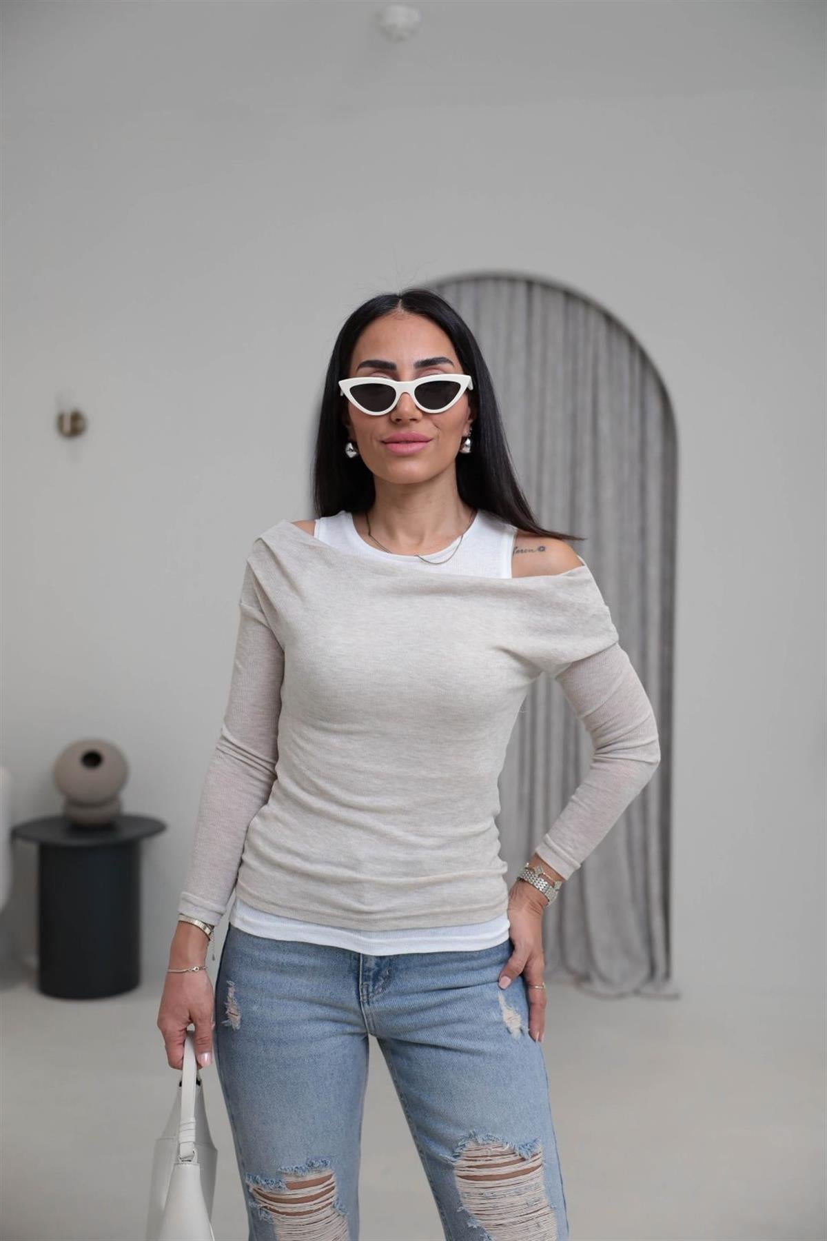 Çift Katmanlı Kayık Yaka İkili Bluz BEJ