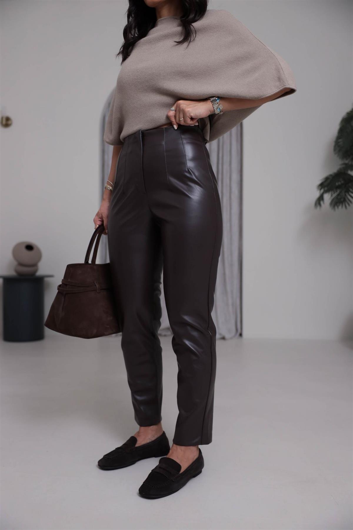 3947K Önü Flotalı Şardonlu Deri Pantolon KOYU KAHVE