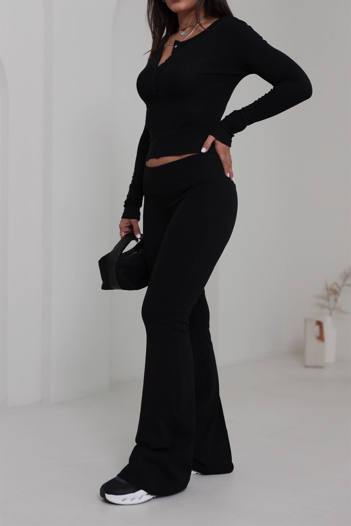 7064 Geniş Kemerli İspanyol Paça Flare Pantolon SİYAH