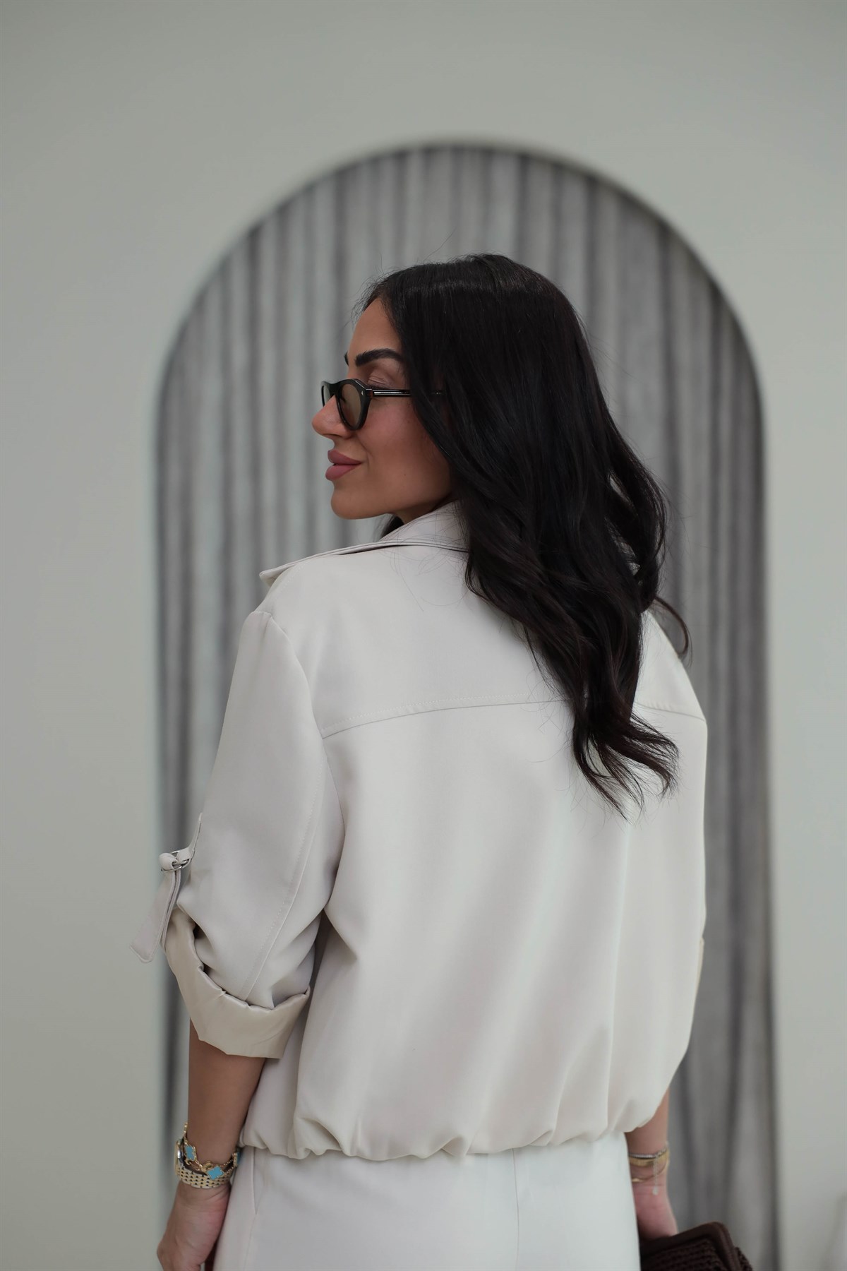 6341 Kolu Katlamalı Fermuarlı Çıtçıtlı Ceket TAŞ