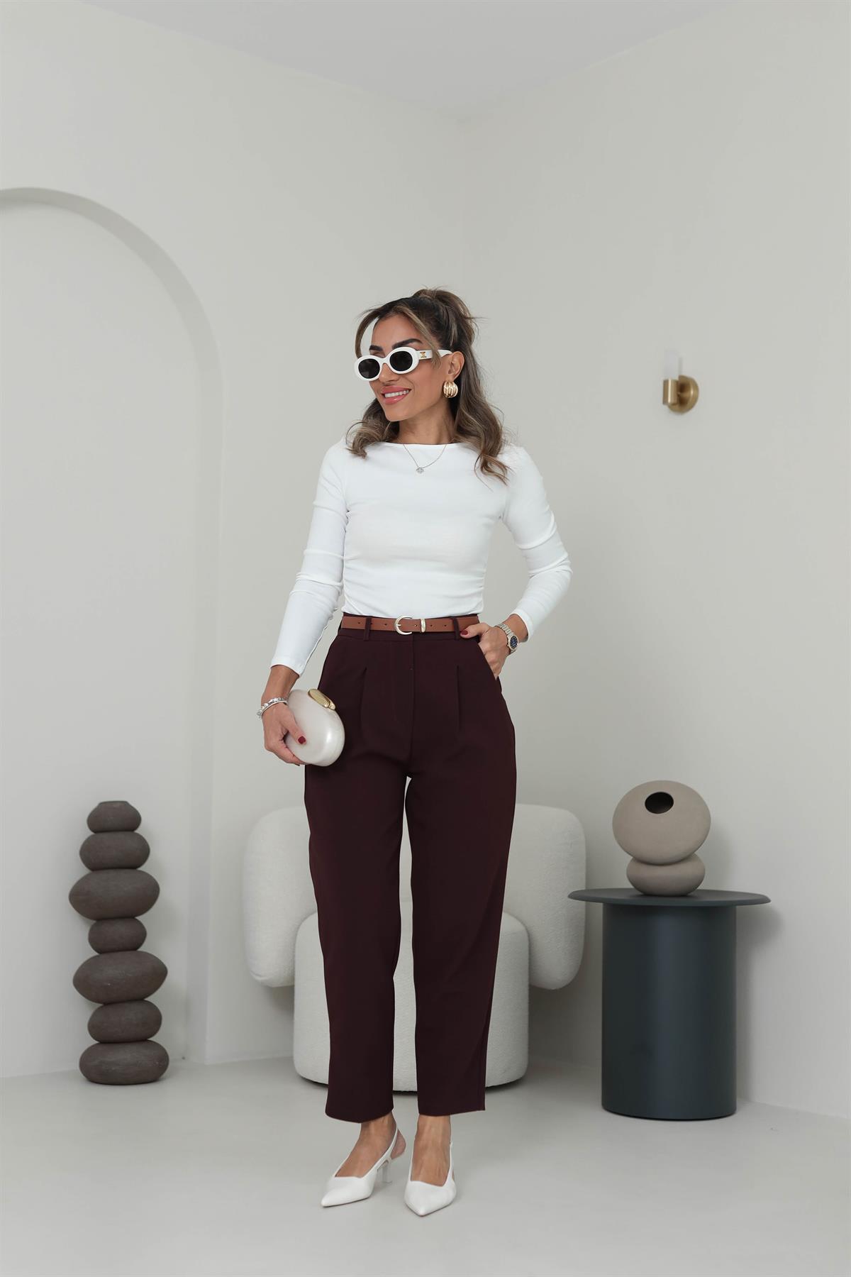 0938K Kemerli Pantolon BORDO