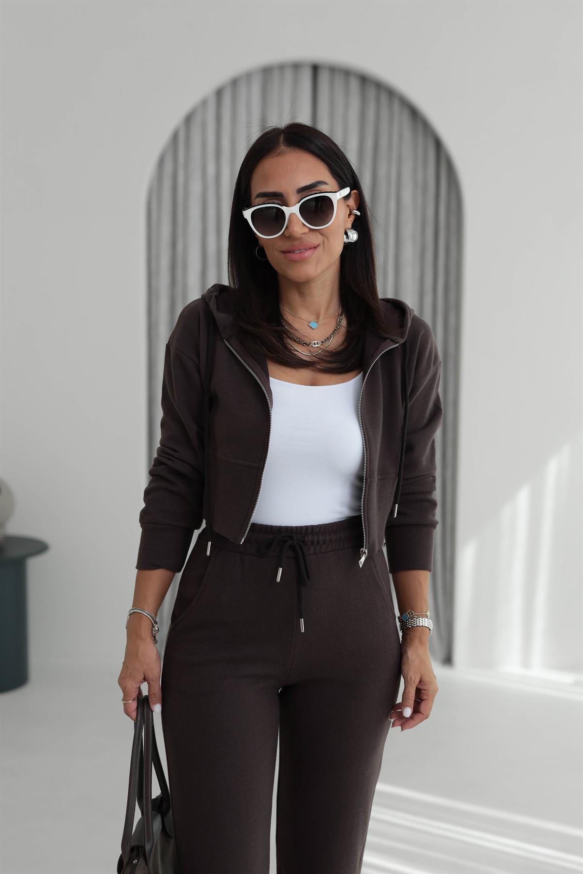 2331 Selanik Kumaş Fermuarlı Ceketli Takım KAHVE