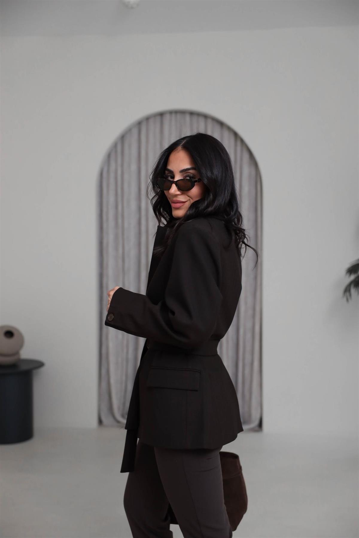 1284 Vatkalı Kemerli Balıksırtı Blazer Ceket KAHVE