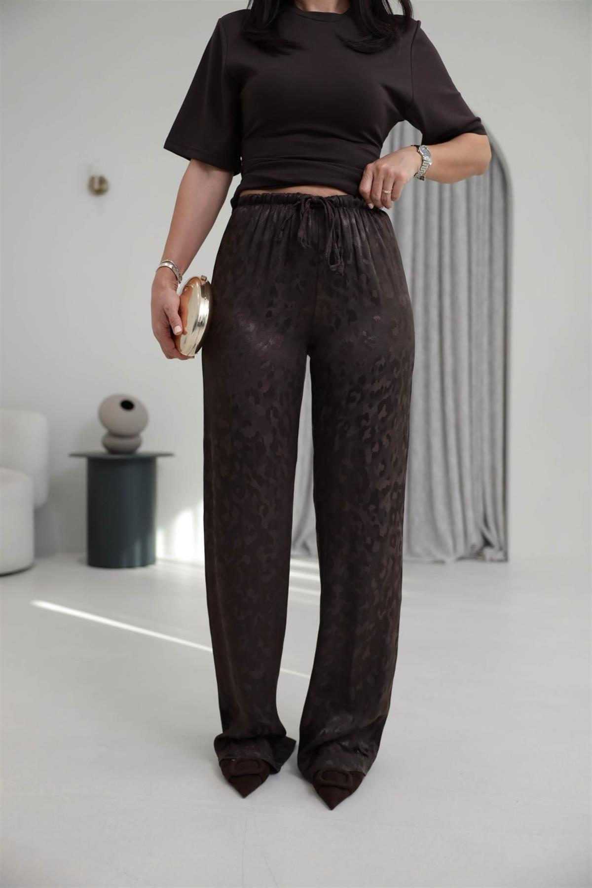 1635Y Leopar Desen Jakarlı Saten Pantolon KAHVE