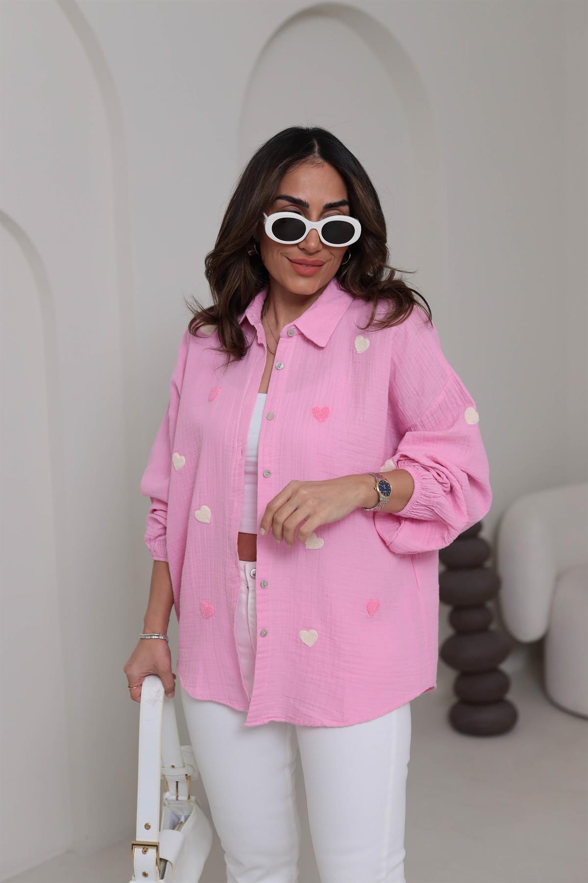 7930 Kalpli Kol Lastikli Müslin Kumaş Gömlek PEMBE