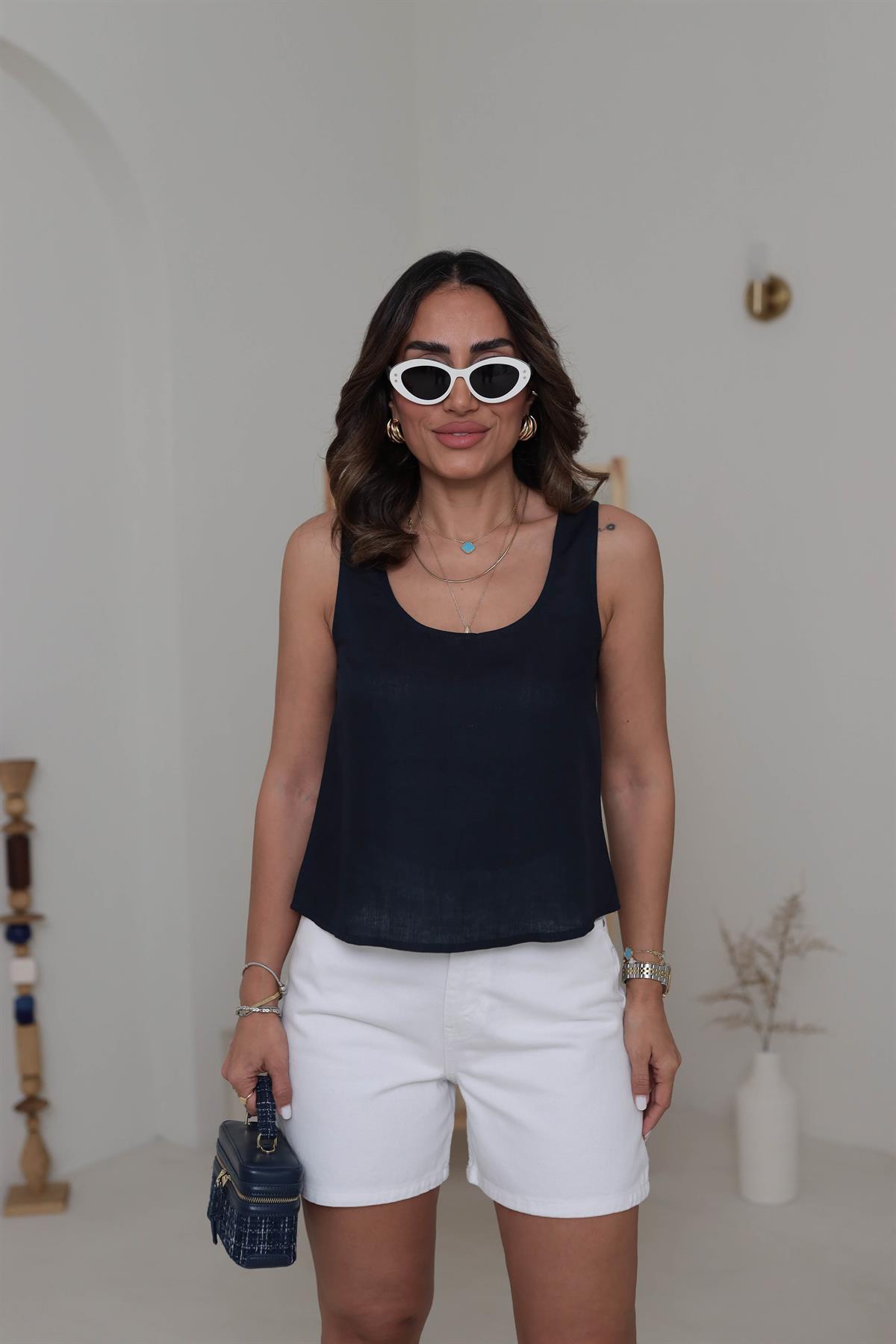 7328 Kalın Askılı Dökümlü Keten Atlet LACİVERT