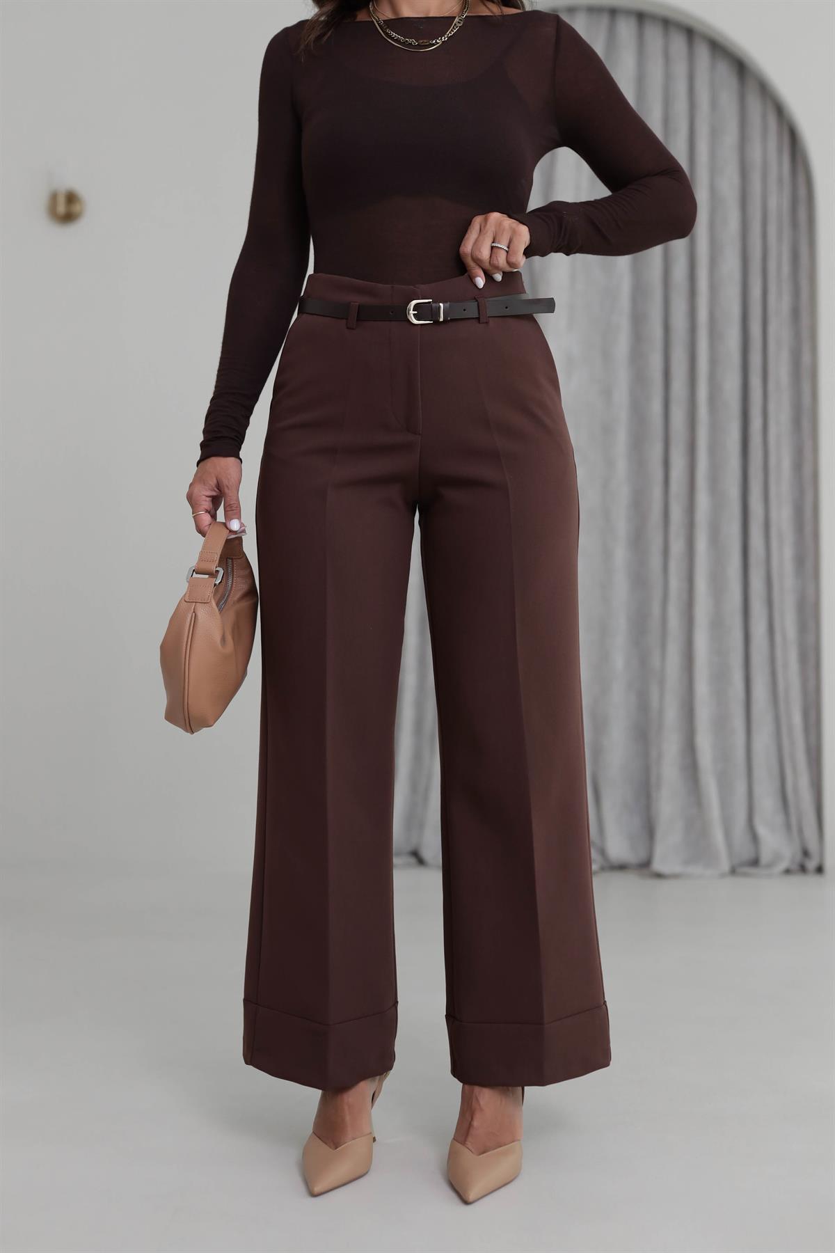 7050 Kemerli Paçası Dikiş Detay Palazzo Pantolon KAHVE