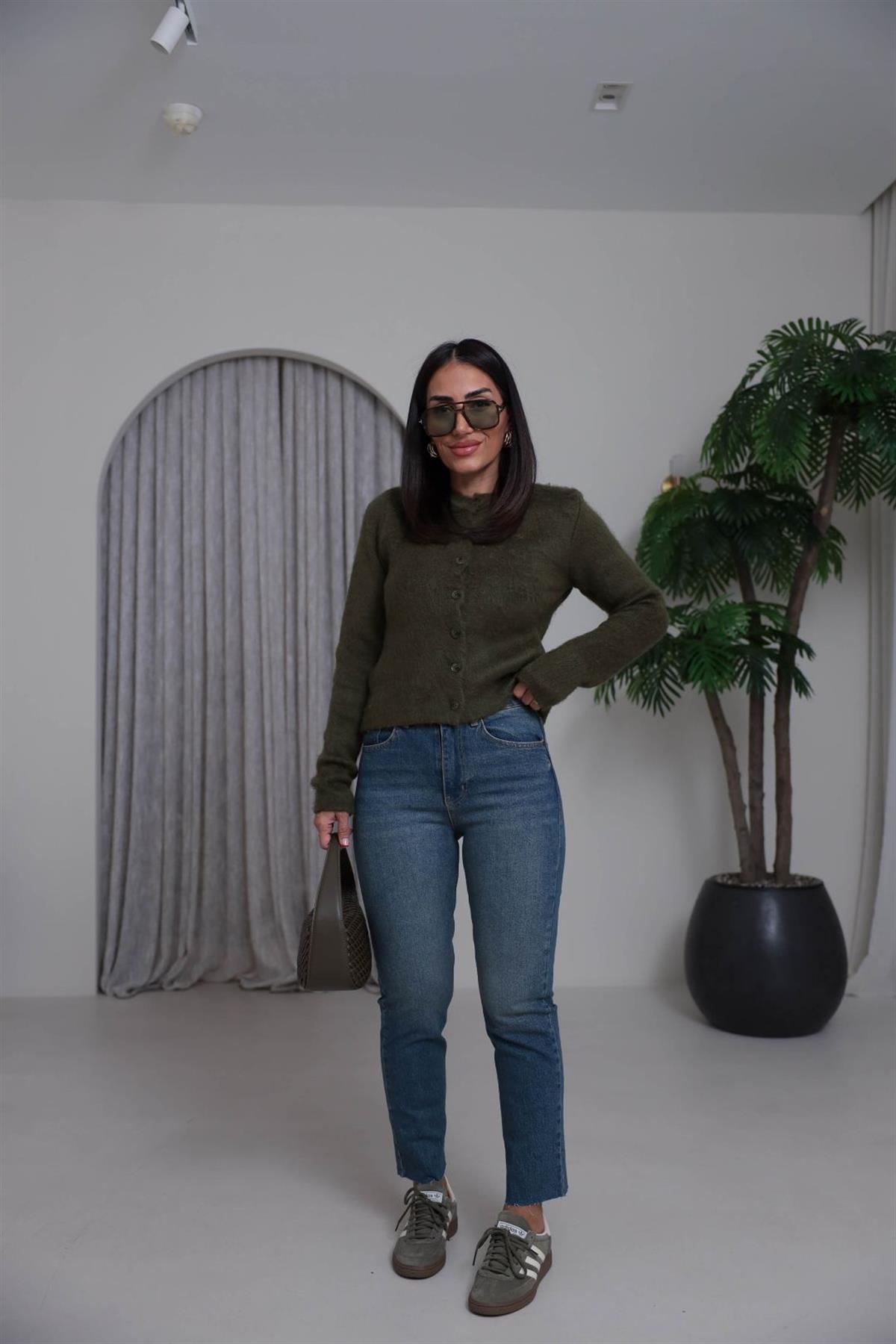 0157 Bisiklet Yaka Düğmeli Yumoş Hırka YEŞİL