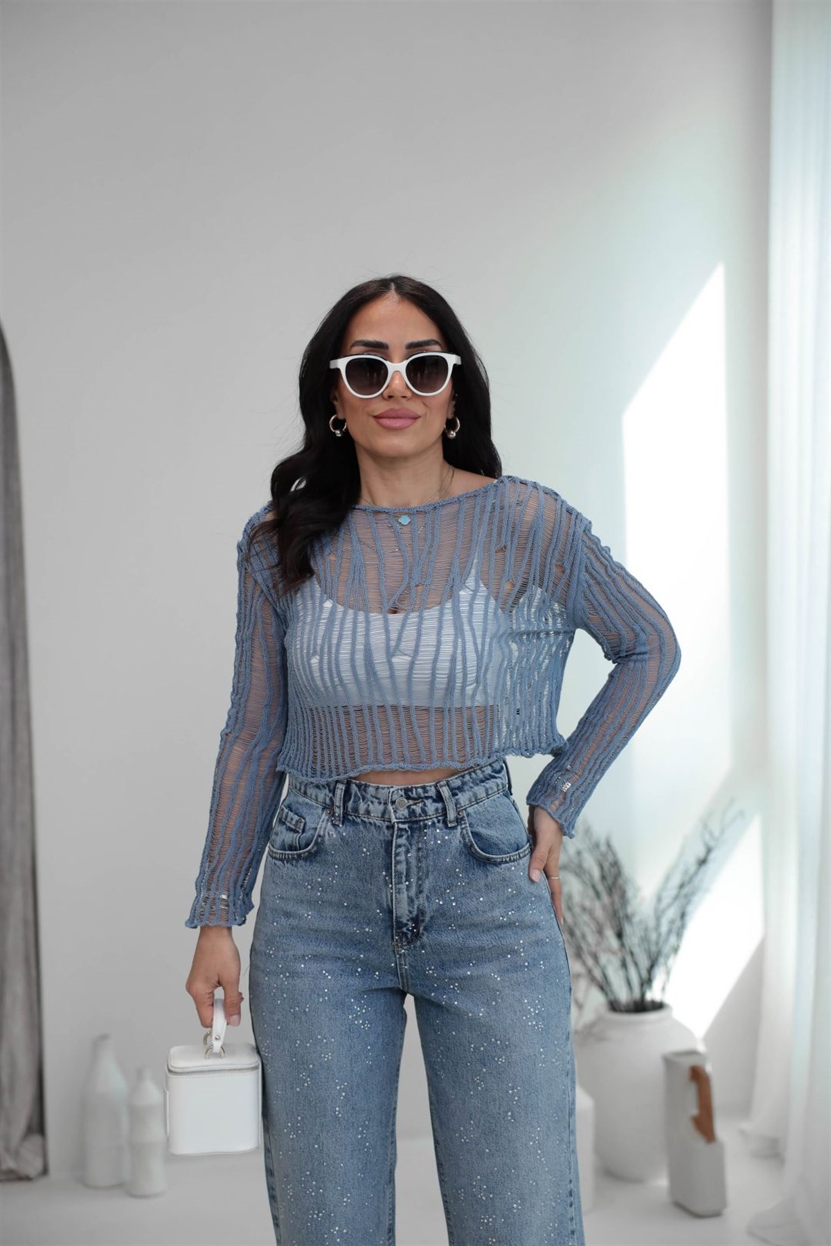 4490 Ajurlu Geniş Yaka Triko Bluz MAVİ