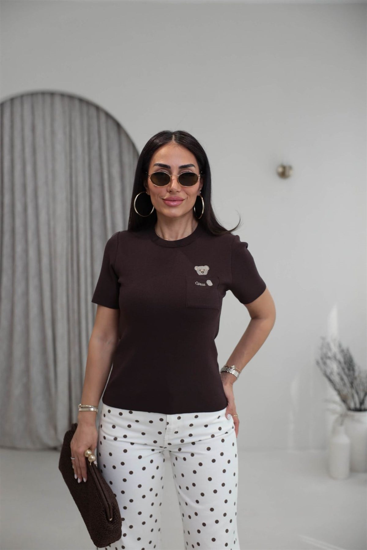 0640 Cebi Ayıcıklı Rayon Kumaş Bluz KAHVE