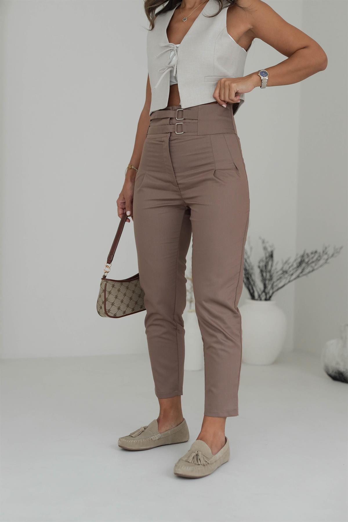 Çift Kemerli Yüksek Bel Pantolon