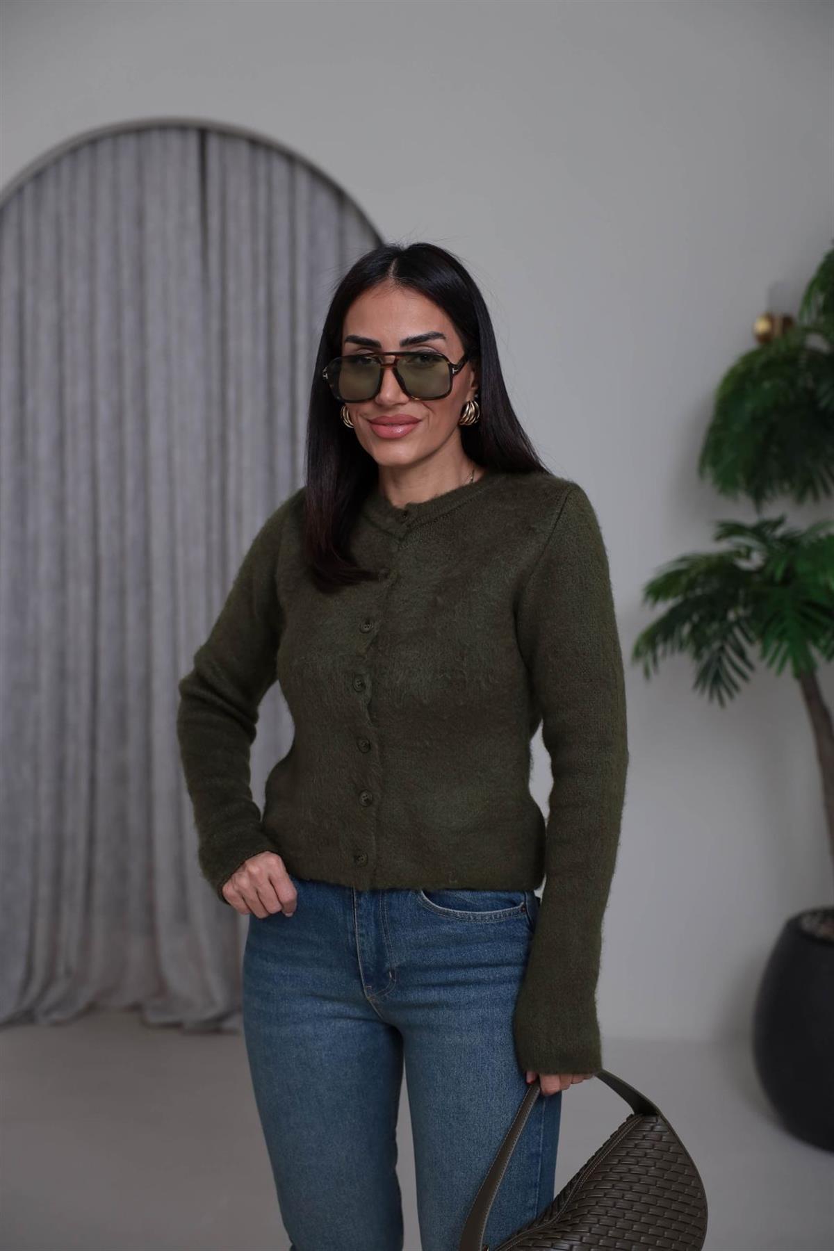 0157 Bisiklet Yaka Düğmeli Yumoş Hırka YEŞİL